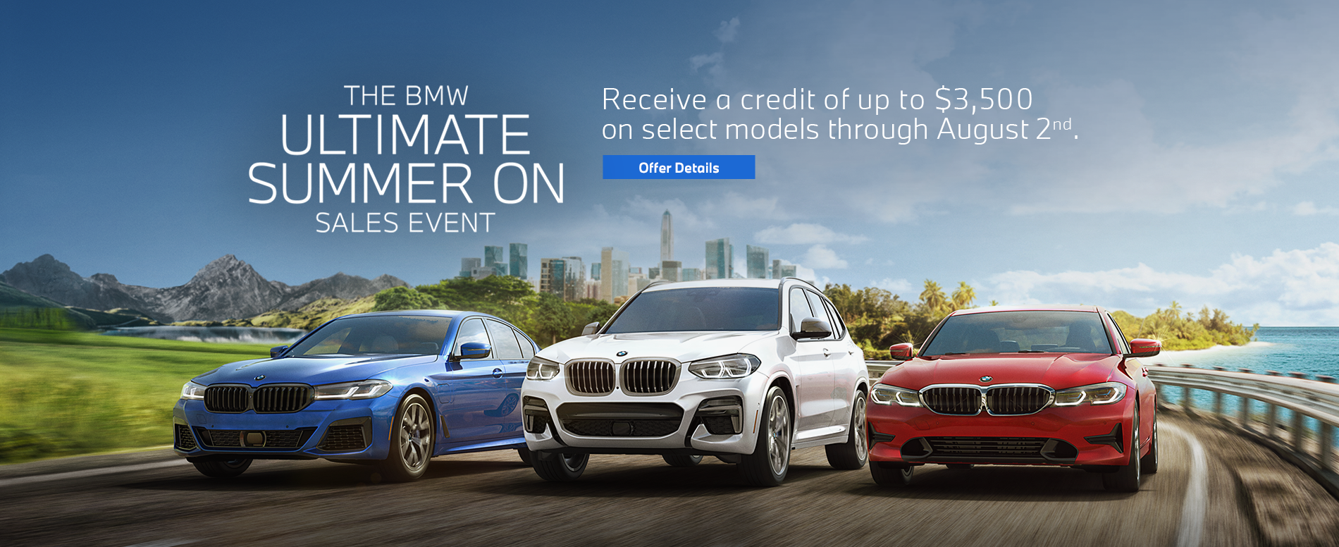 Blue 5 Series, White X3, Red 3 Series driving on oceanside h