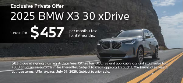 A sleek silver 2025 BMW X3 30 xDrive parked on a highway beside a rocky cliff under a blue sky